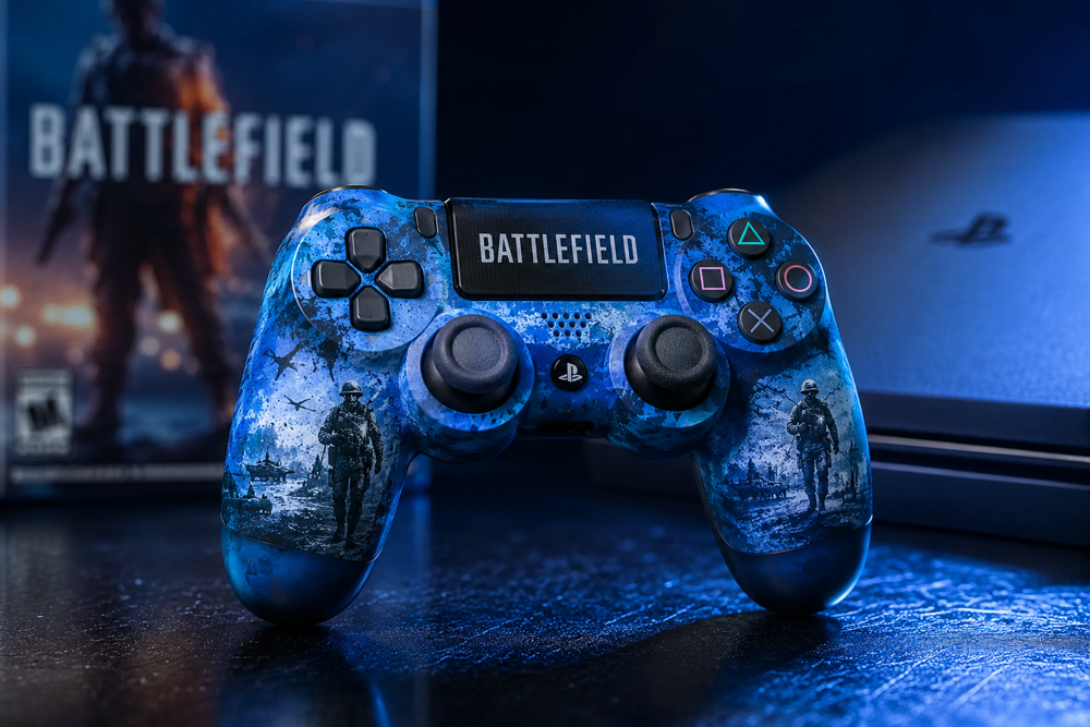 دسته بازی سونی مدل SONY DUALSHOCK PS4 طرح Battlefield آبی روی میز گیمینگ با نورپردازی آبی، خرید دسته مناسب بازی PS4 طرحدار